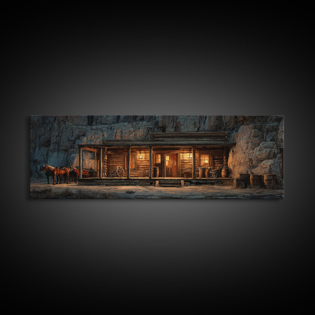 Rustic Western Saloon With Horses Framed Canvas Print, Cowboy Wall Art, Canyon Cabin Decor, Man Cave Rustic Wall Art Decor