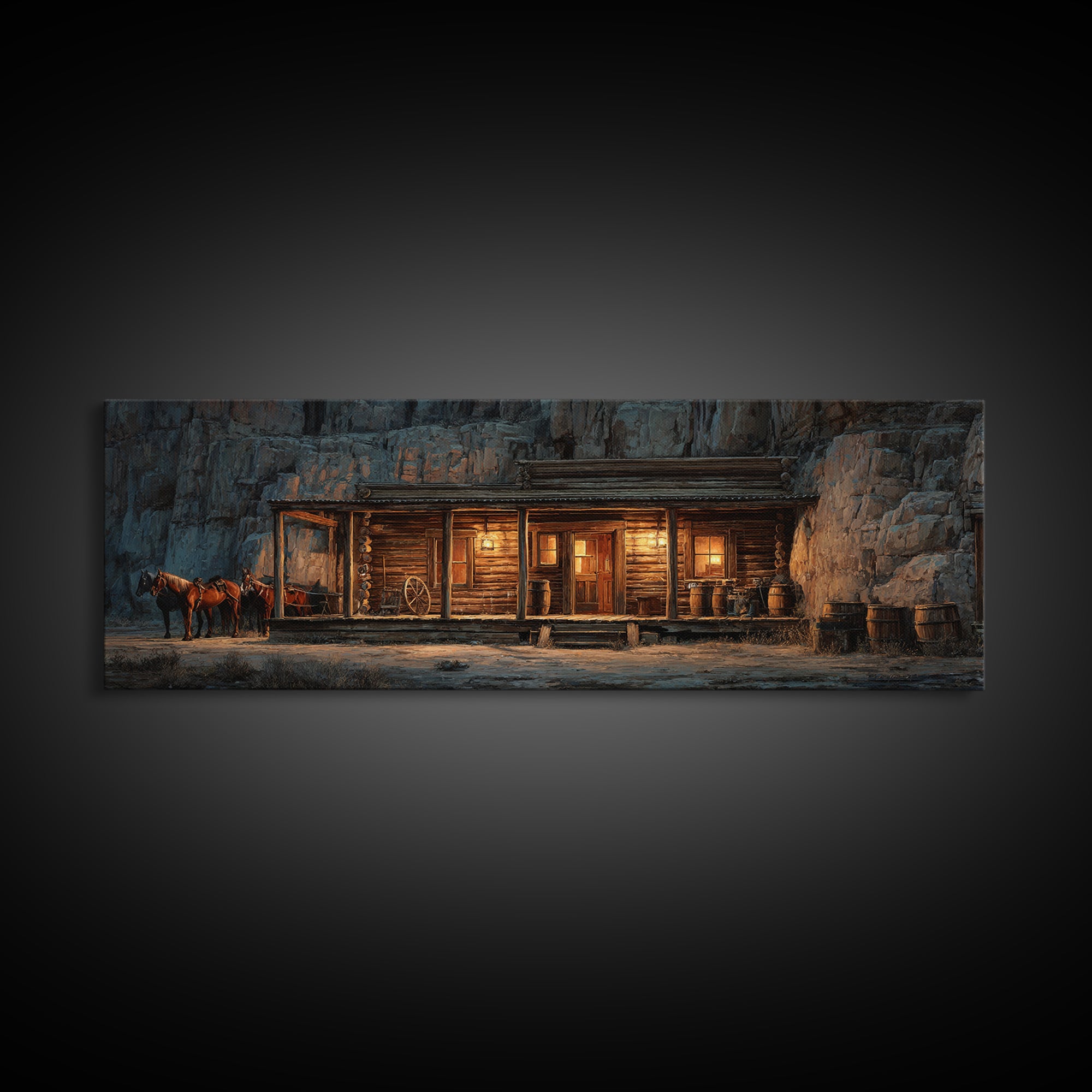 Rustic Western Saloon With Horses Framed Canvas Print, Cowboy Wall Art, Canyon Cabin Decor, Man Cave Rustic Wall Art Decor