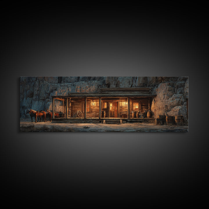 Rustic Western Saloon With Horses Framed Canvas Print, Cowboy Wall Art, Canyon Cabin Decor, Man Cave Rustic Wall Art Decor