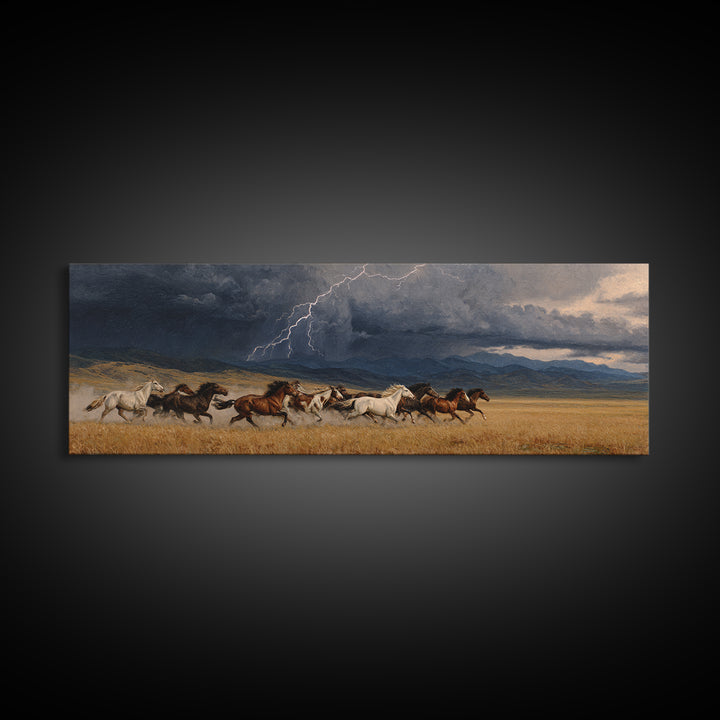Wild Horses In Storm Wall Art, Western Landscape Canvas Print, Lightning Prairie Decor, Rustic Ranch Gift For Horse Lover