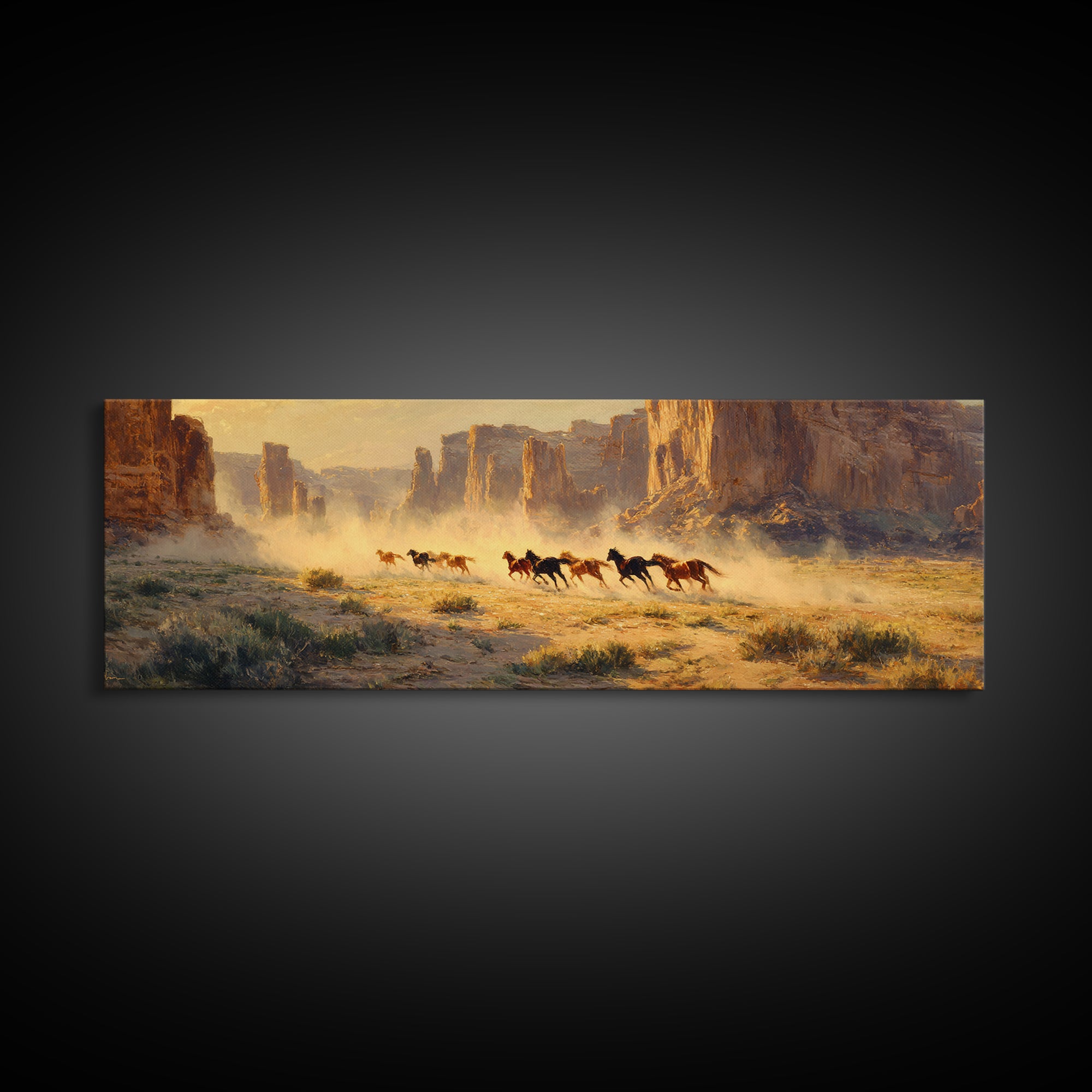 Wild Horses Running Through Desert Canyon Wall Art, Western Landscape Canvas Print, Southwest Decor, Rustic Living Room Art