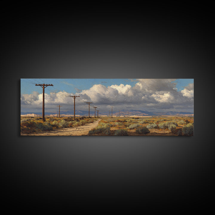 Desert Telephone Poles And Storm Clouds Wall Art, Western Landscape Canvas, Rustic Southwest Decor, Panoramic Print For Living Room