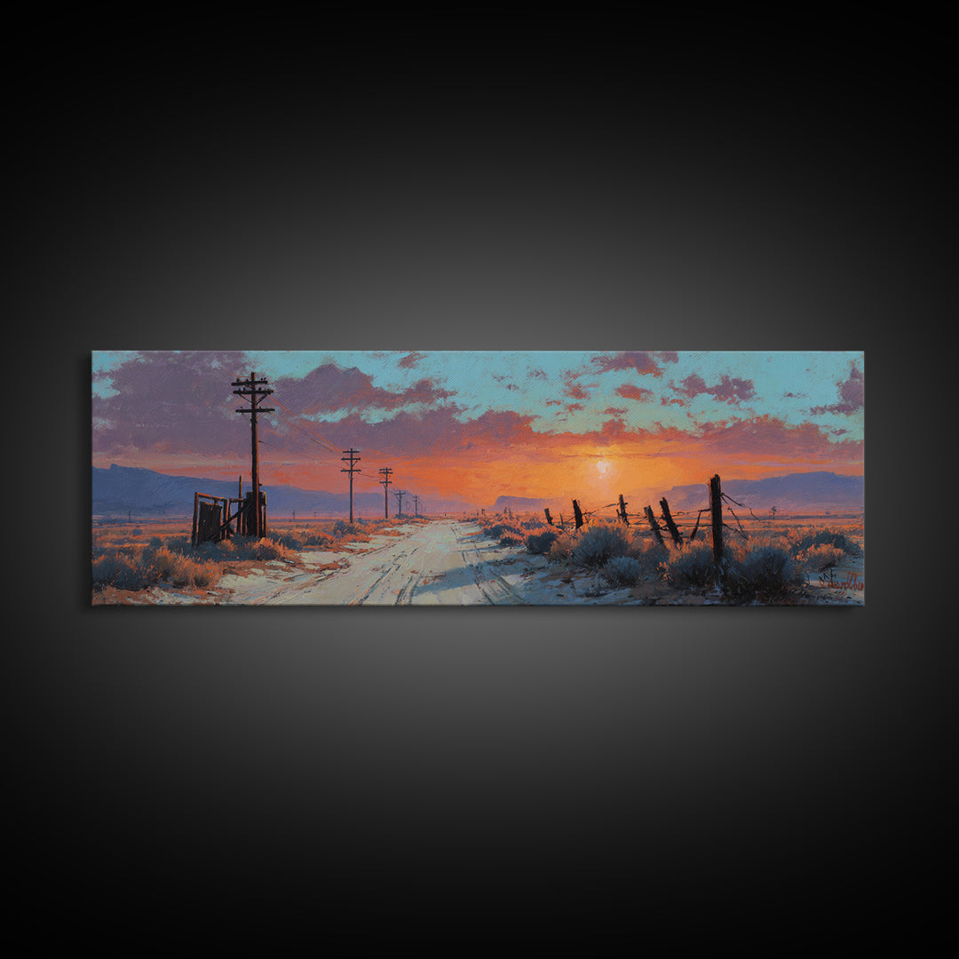 Snowy Country Road Sunset Wall Art, Rustic Winter Landscape Canvas, Farmhouse Decor, Wide Horizontal Print, Cozy Gift For Her