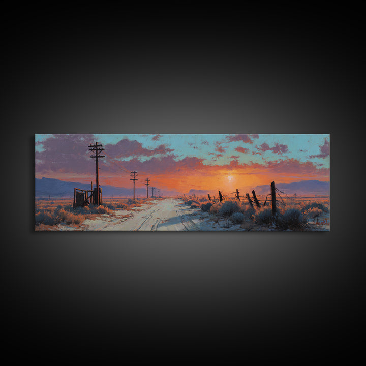 Snowy Country Road Sunset Wall Art, Rustic Winter Landscape Canvas, Farmhouse Decor, Wide Horizontal Print, Cozy Gift For Her