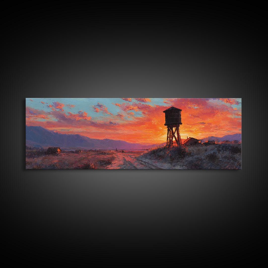 Sunset Water Tower Wall Art, Rustic Western Landscape Canvas Print, Farmhouse Country Decor, Warm Above Sofa Living Room Art Gift