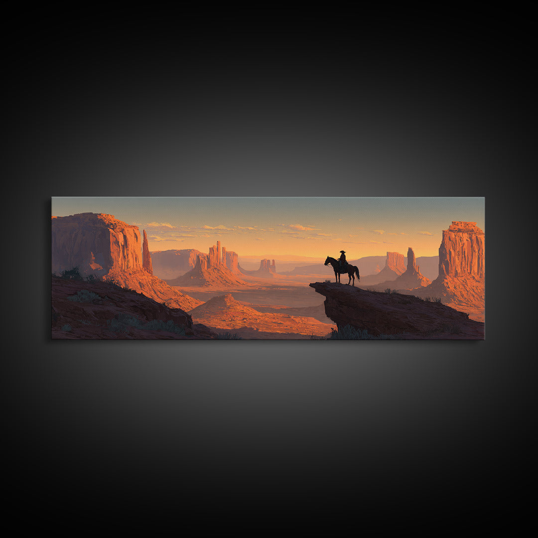 Western Cowboy Desert Sunset Wall Art, Monument Valley Canvas Print, Southwestern Decor For Man Cave Living Room And Office