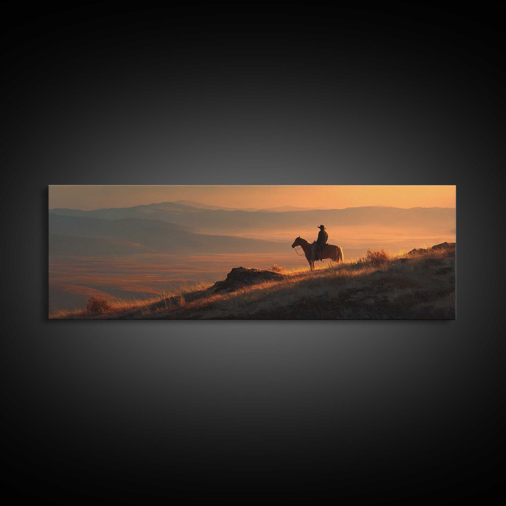 Cowboy Sunset Mountain Landscape Wall Art, Western Horse Rider Canvas Print, Rustic Ranch Decor, Masculine Office Art Gift