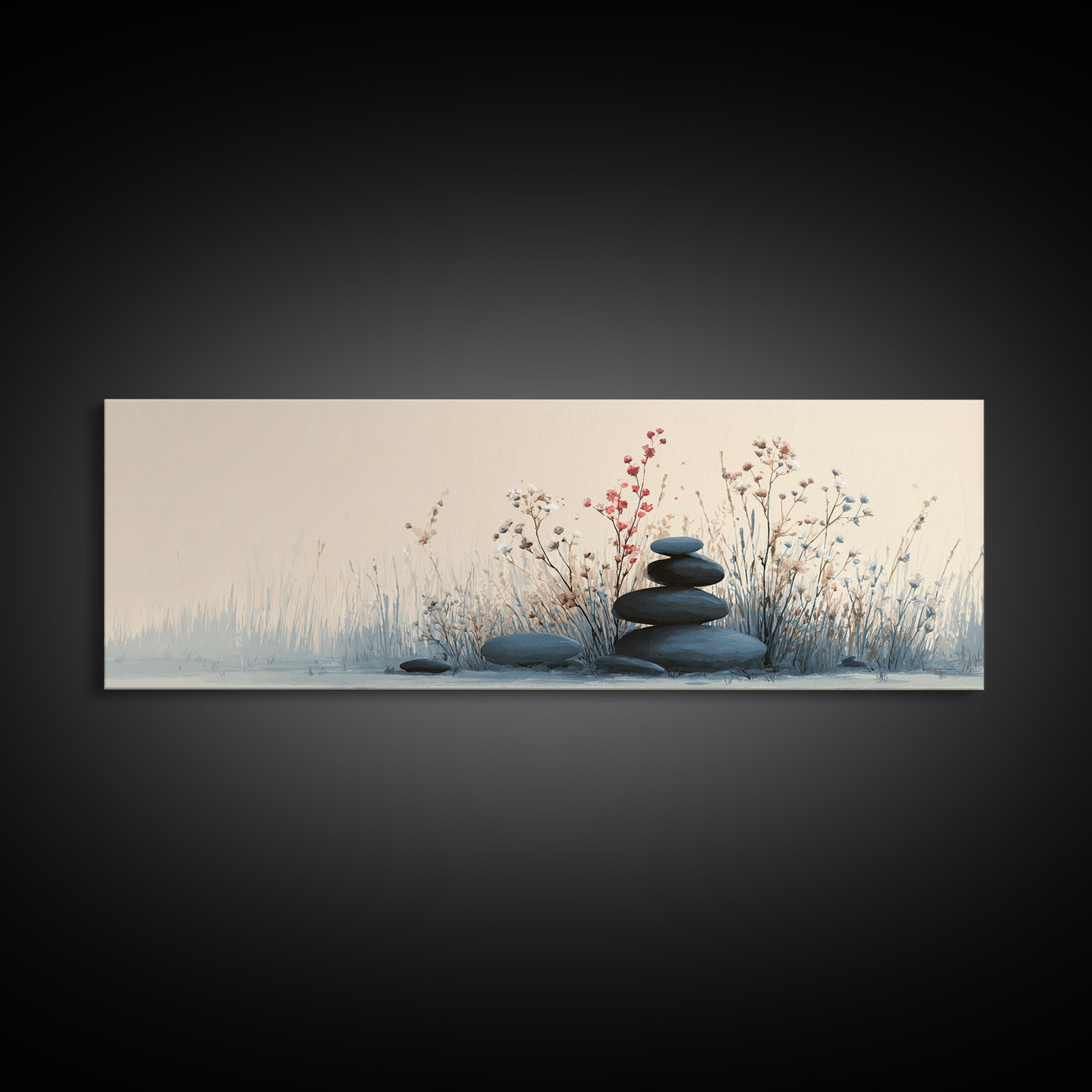 Zen Stacked Stones Wall Art, Minimalist Floral Canvas Print, Calming Spa Decor, Meditation Room Art, Neutral Home Decor Print