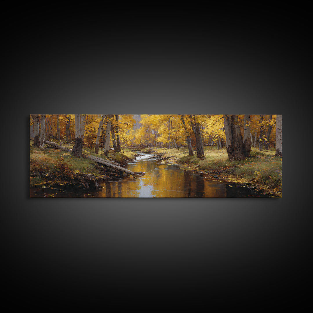 Golden Autumn Forest Creek Wall Art, Impressionist Aspen Landscape Canvas, Warm Nature Print, Rustic Living Room Decor, Cozy Home Decor