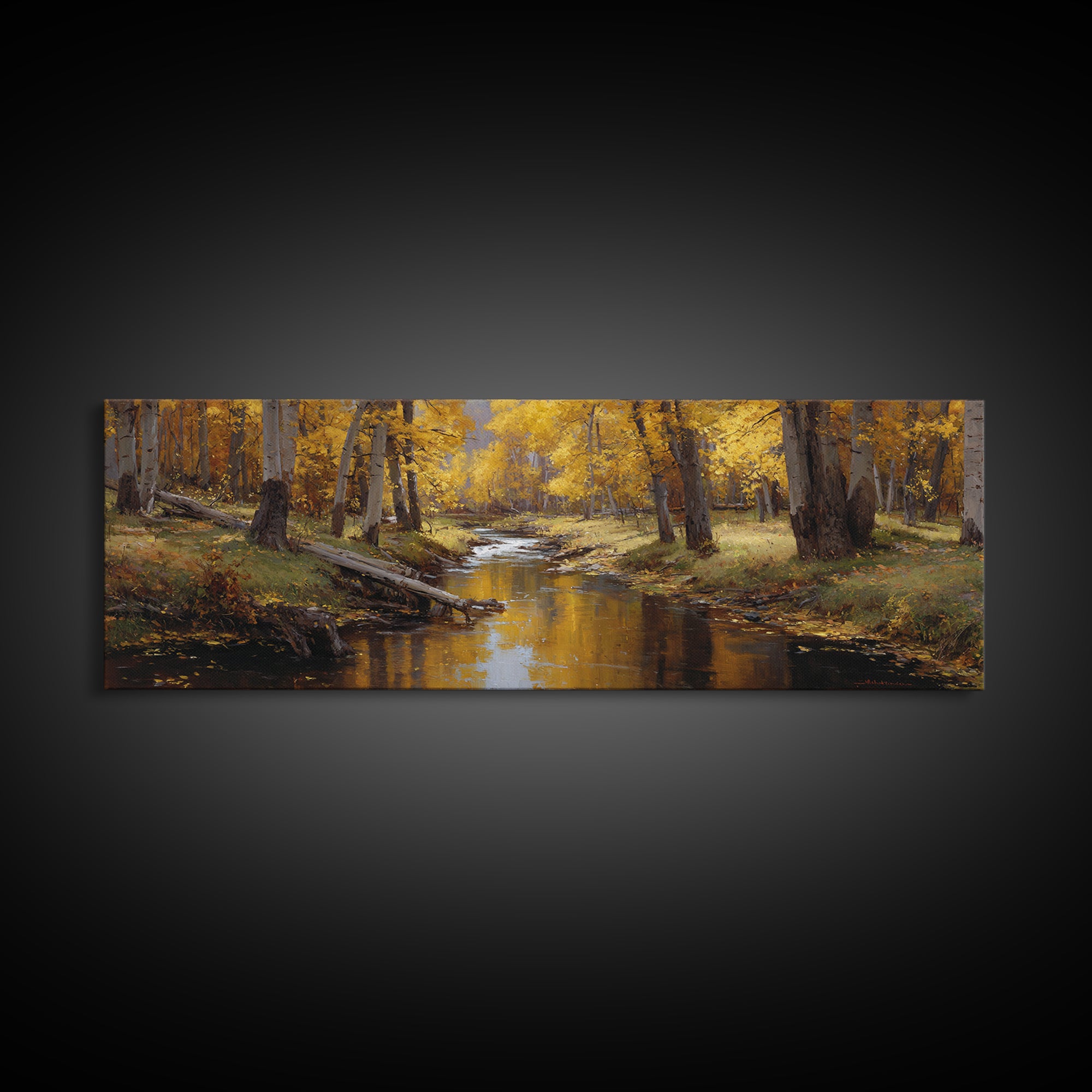 Golden Autumn Forest Creek Wall Art, Impressionist Aspen Landscape Canvas, Warm Nature Print, Rustic Living Room Decor, Cozy Home Decor