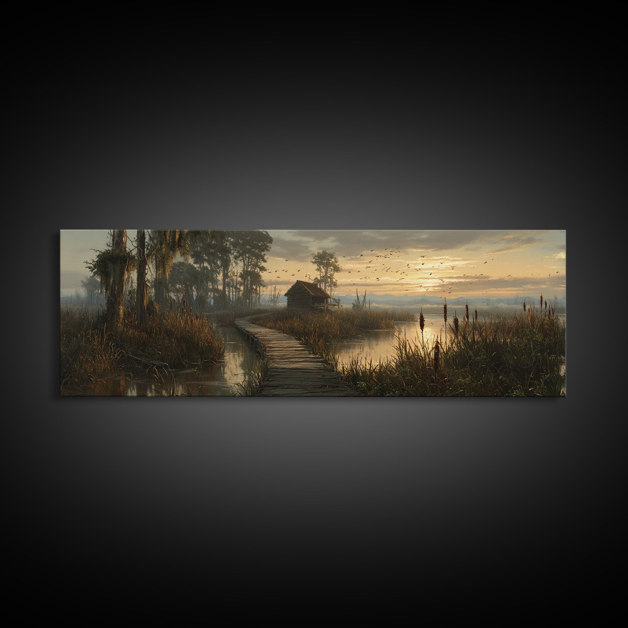 Misty Marsh Boardwalk Cabin Sunrise Birds Wall Art, Serene Wetlands Landscape Canvas Print, Rustic Nature Decor, Lake House Gift