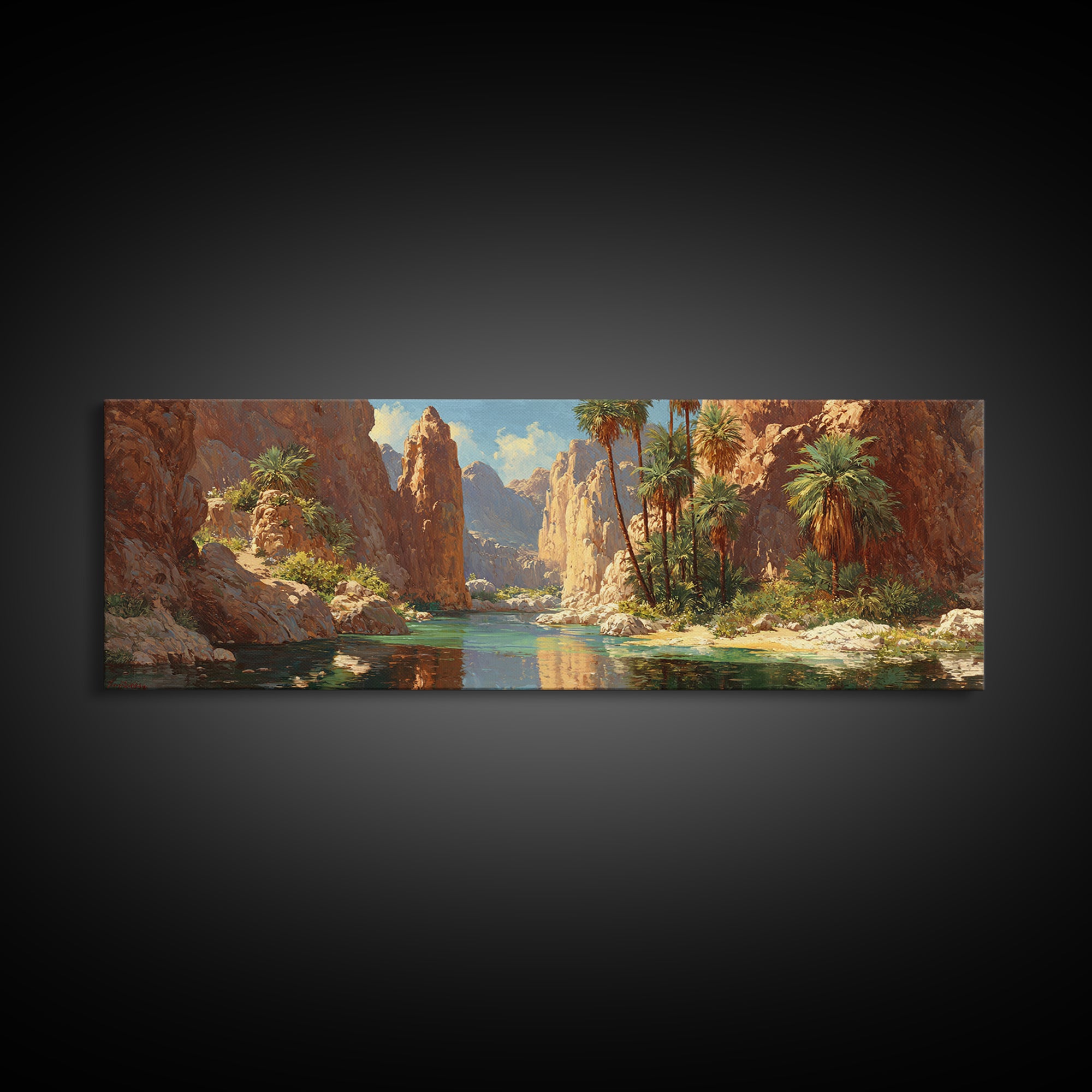 Desert Canyon Oasis Framed Canvas Print, Palm River Landscape Wall Art, Southwestern Decor, Large Panoramic Nature Print