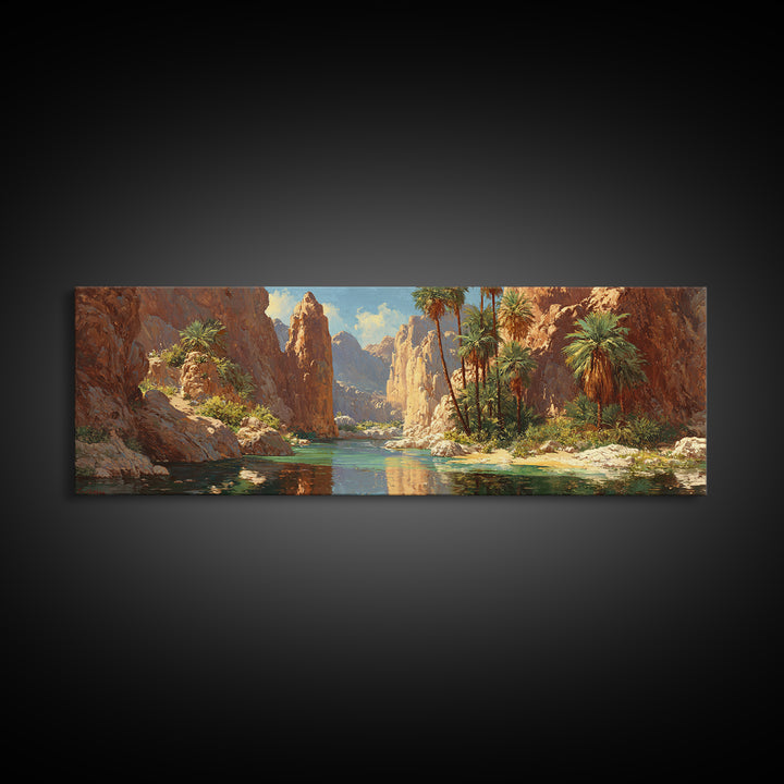 Desert Canyon Oasis Framed Canvas Print, Palm River Landscape Wall Art, Southwestern Decor, Large Panoramic Nature Print