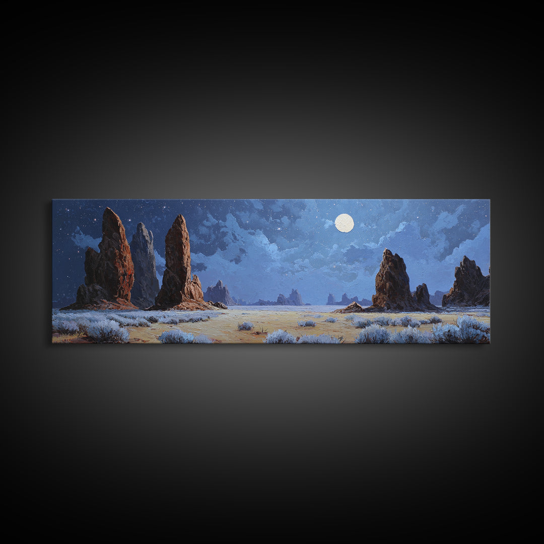 Moonlit Desert Rock Spires Canvas Print, Surreal Landscape Wall Art, Night Sky Decor, Southwestern Art, Moody Bedroom Wall Art