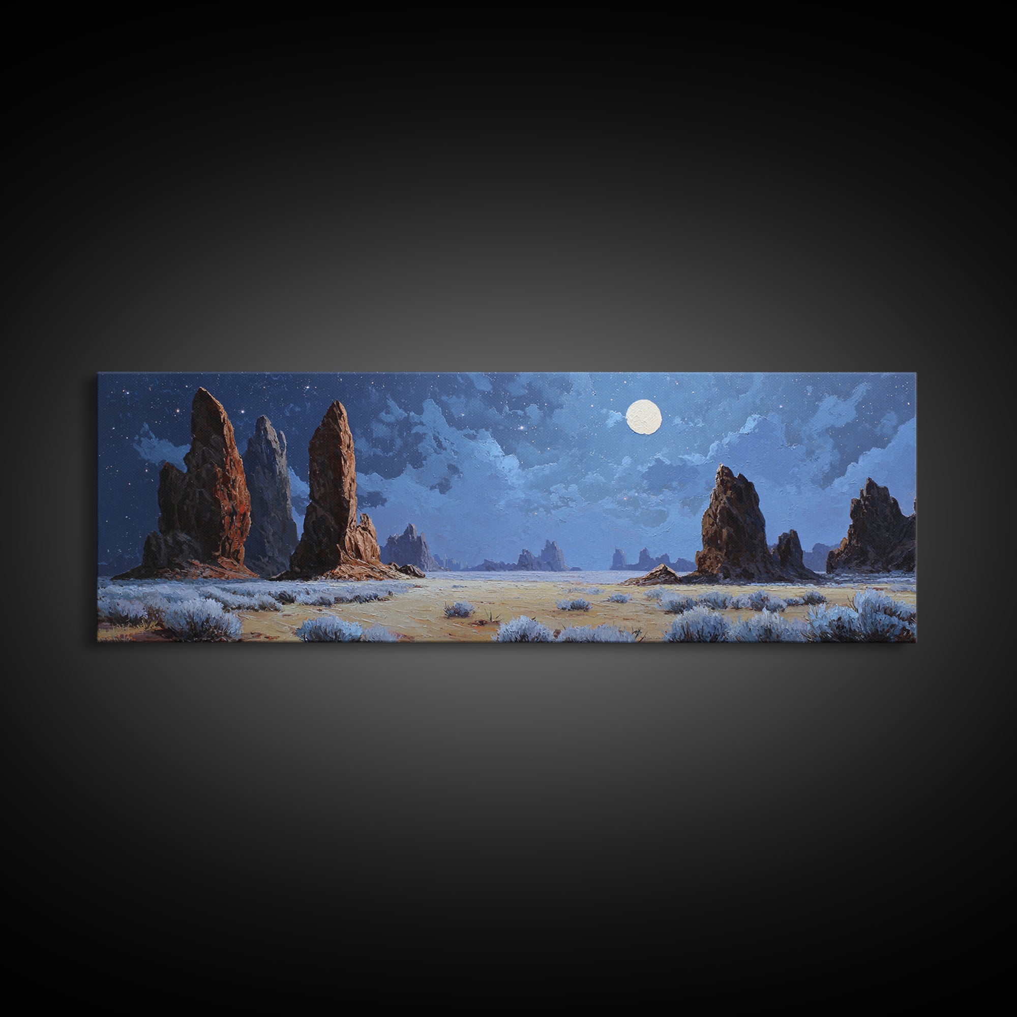 Moonlit Desert Rock Spires Canvas Print, Surreal Landscape Wall Art, Night Sky Decor, Southwestern Art, Moody Bedroom Wall Art