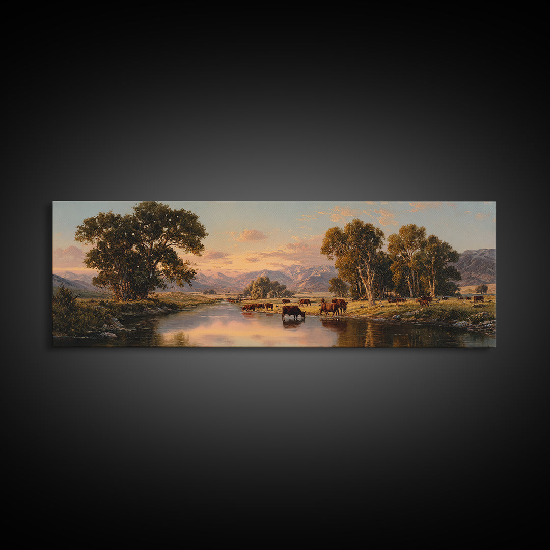 Pastoral River Cattle Valley Wall Art, Mountain Ranch Landscape Canvas, Western Farmhouse Print, Rustic Home Decor, Large Living Room Decor
