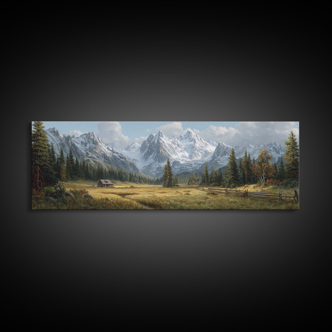 Alpine Meadow Cabin And Snowy Mountains Framed Canvas Print, Landscape Wall Art, Rustic Farmhouse Living Room Decor Gift