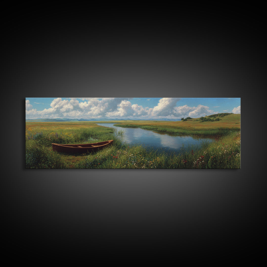 Peaceful Meadow River Boat Wall Art, Panoramic Landscape Canvas Print, Lake House Decor, Nature Wall Decor, Above Sofa Art