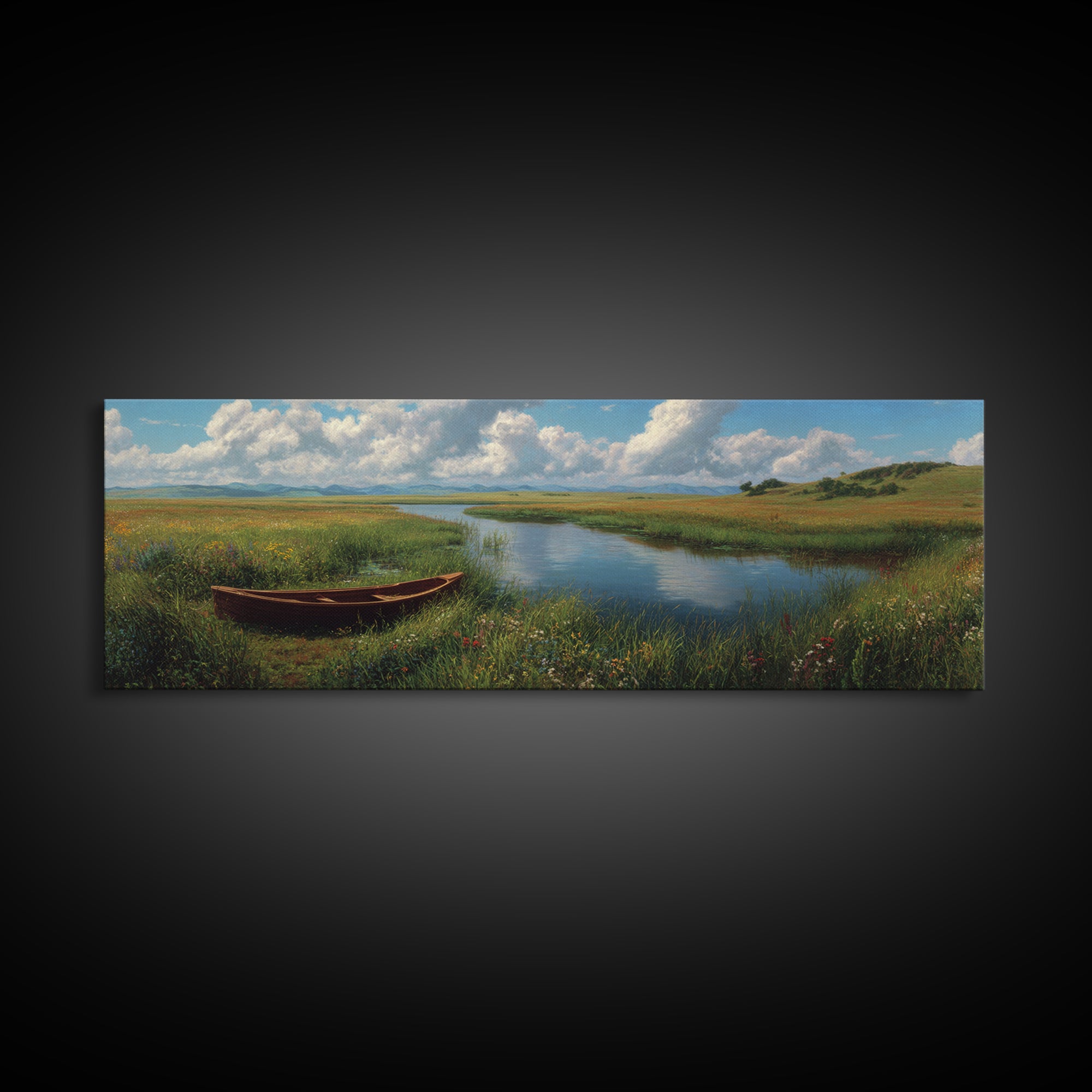 Peaceful Meadow River Boat Wall Art, Panoramic Landscape Canvas Print, Lake House Decor, Nature Wall Decor, Above Sofa Art