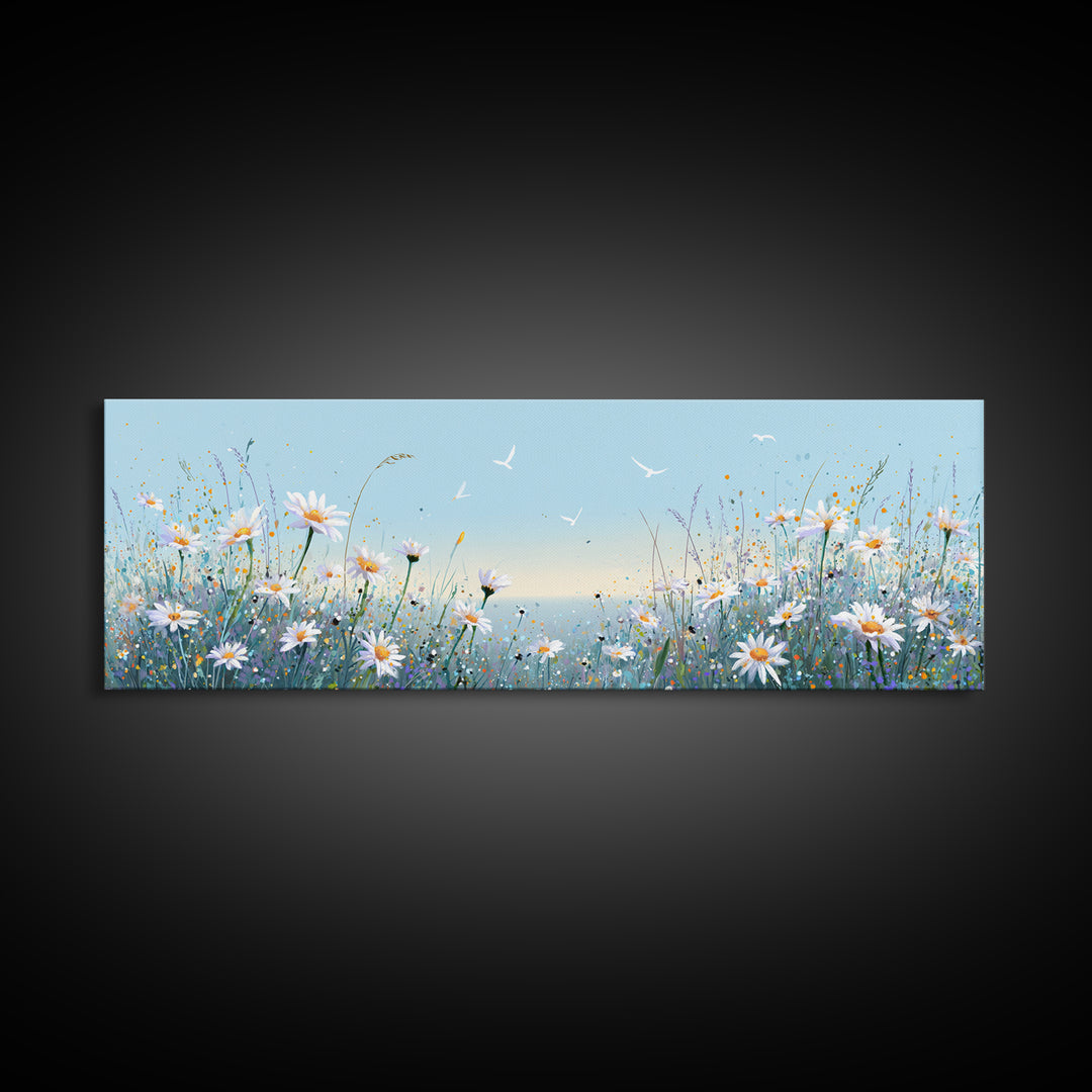 Blue Daisy Meadow Wall Art, Coastal Wildflower Canvas Print, Serene Nature Decor, Nursery Bedroom Art, Housewarming Gift