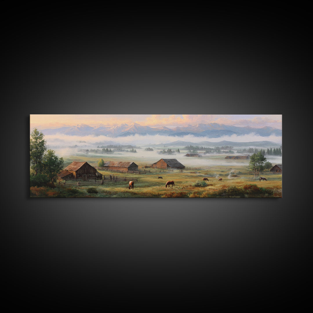 Misty Mountain Ranch Wall Art, Rustic Farmhouse Landscape With Cattle, Country Home Decor, Large Living Room Canvas Print