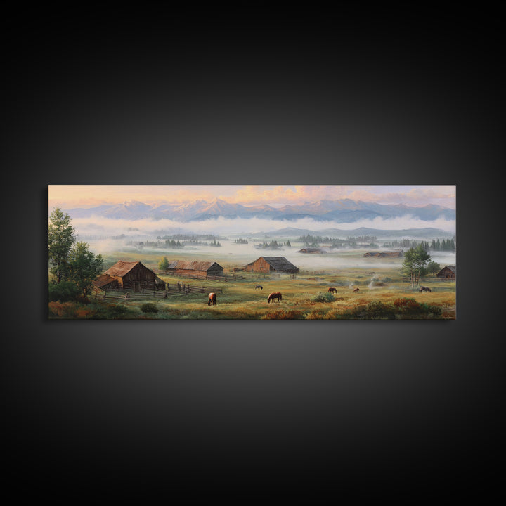 Misty Mountain Ranch Wall Art, Rustic Farmhouse Landscape With Cattle, Country Home Decor, Large Living Room Canvas Print