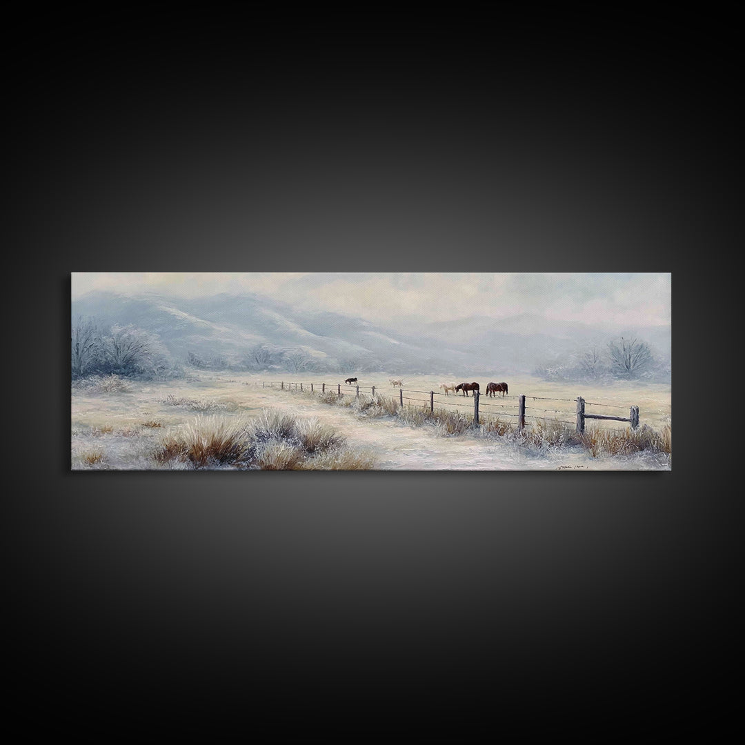 Snowy Pasture Horses Wall Art, Winter Ranch Landscape Canvas Print, Rustic Farmhouse Decor, Country Living Room Gift For Her