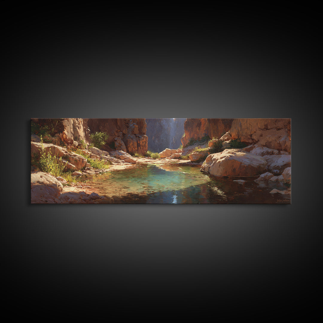 Turquoise Canyon Oasis Stream Wall Art, Desert Landscape Painting, Southwestern Decor, Nature Canvas Print For Living Room