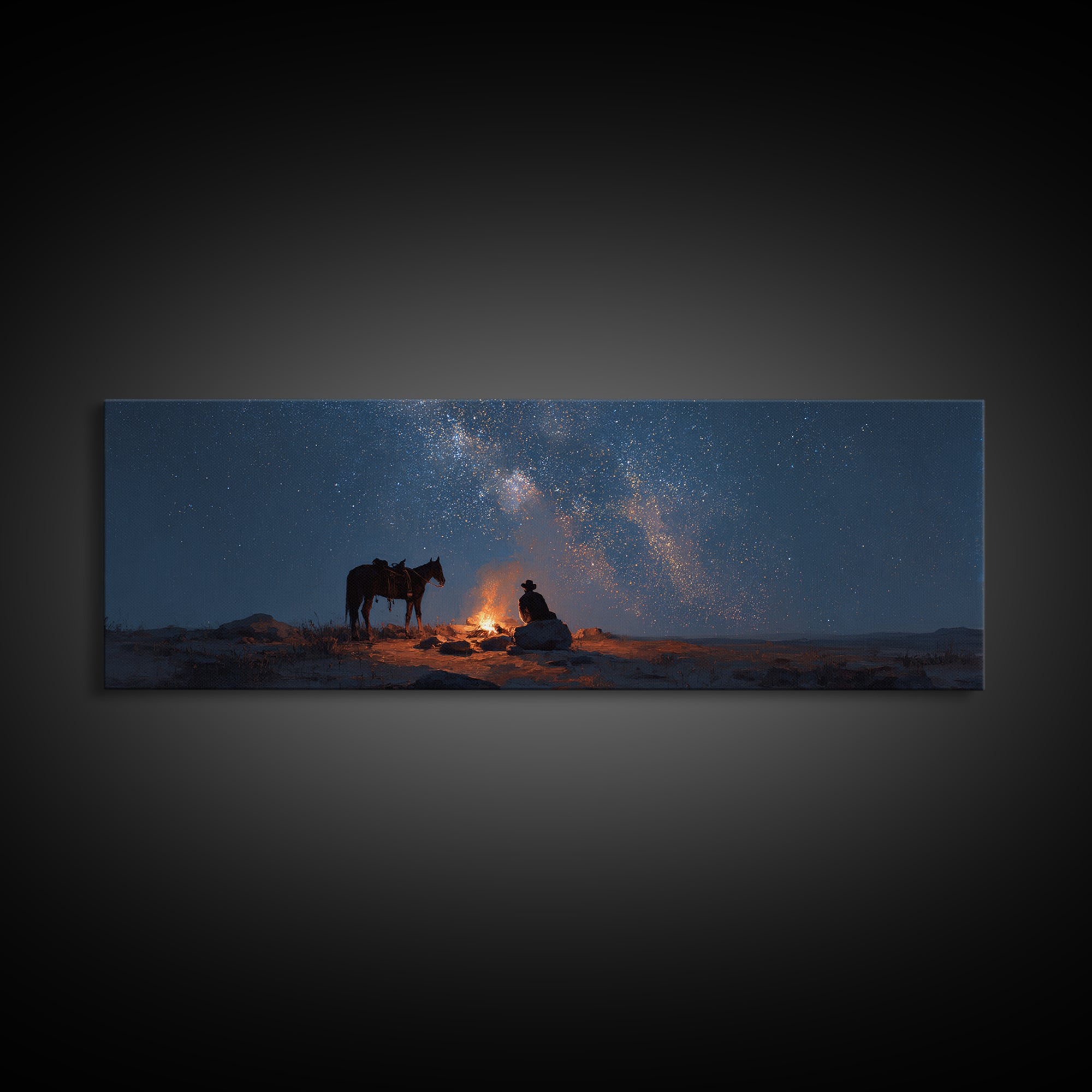 Cowboy Campfire Under Milky Way Wall Art, Western Night Sky Canvas Print, Rustic Desert Decor For Cabin And Man Cave Home Decor