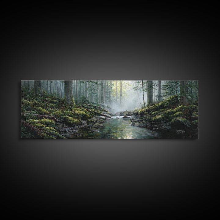 Misty Forest Stream Landscape Wall Art, Mossy Woodland Canvas Print, Nature Decor, Cabin Wall Decor, Calming Office Art Print