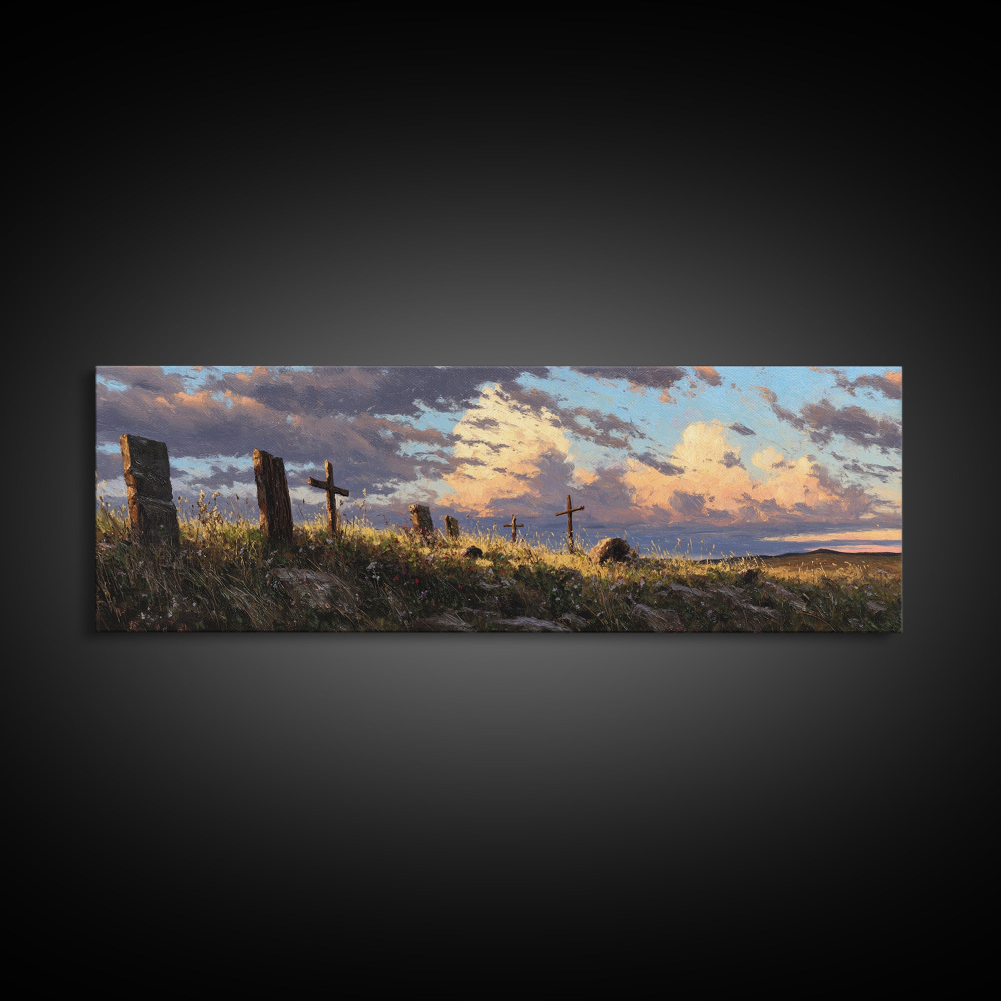 Prairie Hill Crosses Wall Art, Rustic Christian Landscape At Sunset, Spiritual Farmhouse Living Room Decor, Large Canvas Print