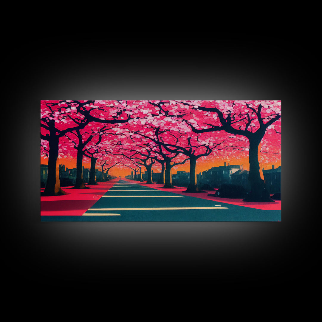 Street lined with Cherry Blossoms, Cherry Blossom Tree  Art, Framed Canvas Print, Ready To Hang Wall Art, Framed Wall Art