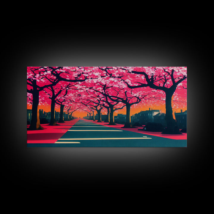 Street lined with Cherry Blossoms, Cherry Blossom Tree  Art, Framed Canvas Print, Ready To Hang Wall Art, Framed Wall Art