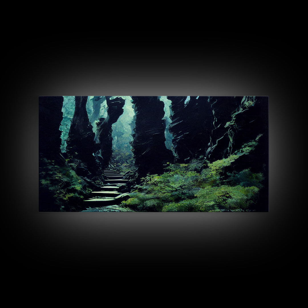 Fantasy Forest with Temple Steps, Wall Decor, Ready To Hang Framed Canvas Print, Oversize Wall Art
