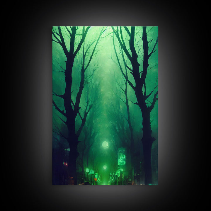 Emerald green city streets under a full moon, cool spooky art, framed canvas print