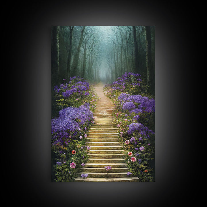 Lavender Lined Stairs Leading To The Haunted Forest, Fantasy Wall Art, framed canvas print, framed art