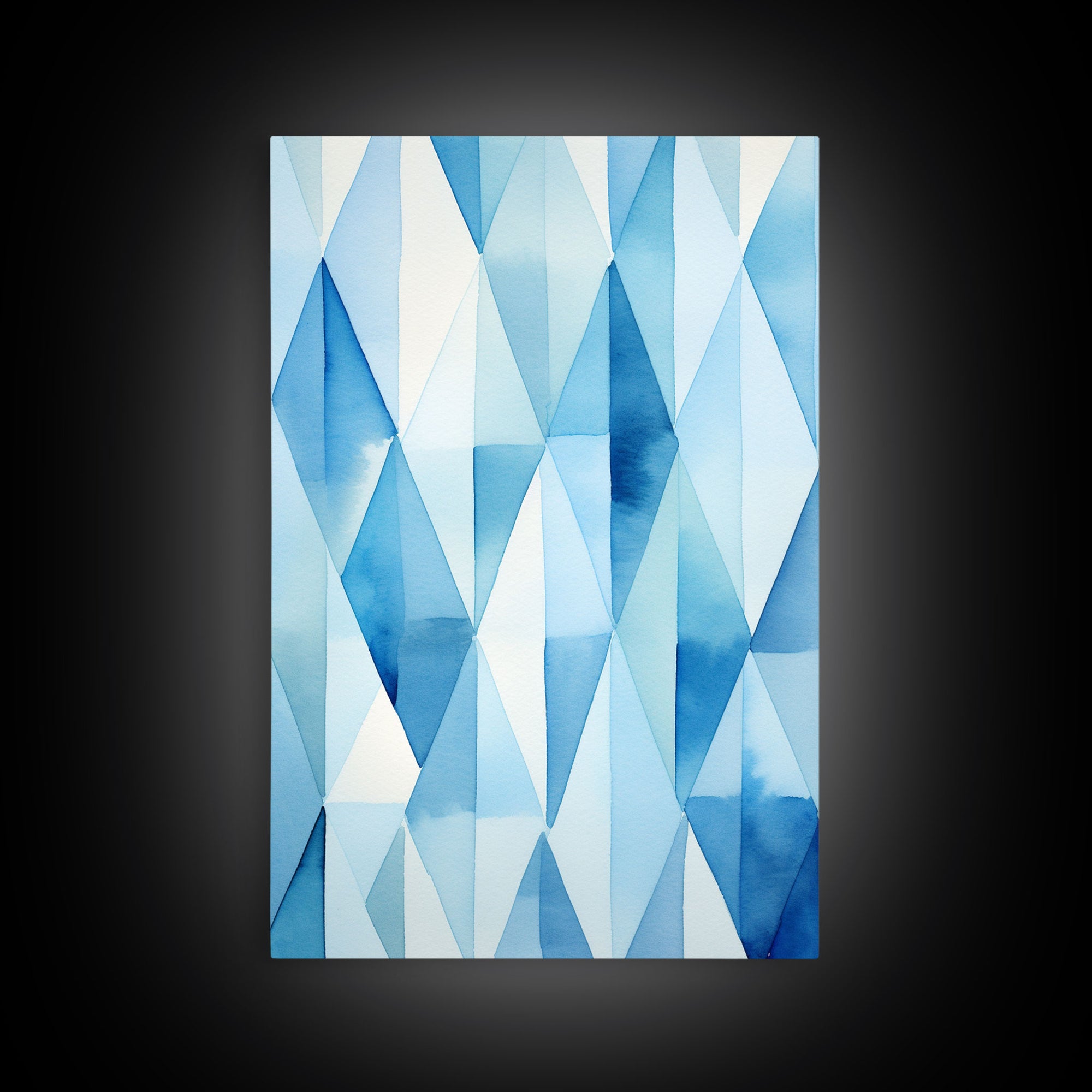 Watercolor Blue Geometric Pastel Diamond Art, Framed Canvas Print, Minimalist / Abstract Midcentury Modern Art, MCM Art, Living Room Decor