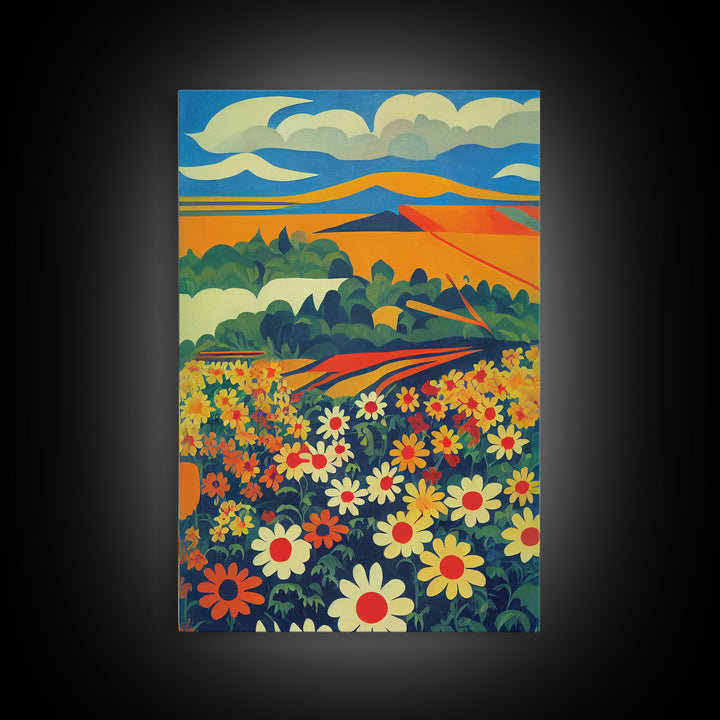 Surrealist field of daisy flowers, daisies, psychedelic art, Framed Canvas Print, Ready To Hang Framed Wall Art