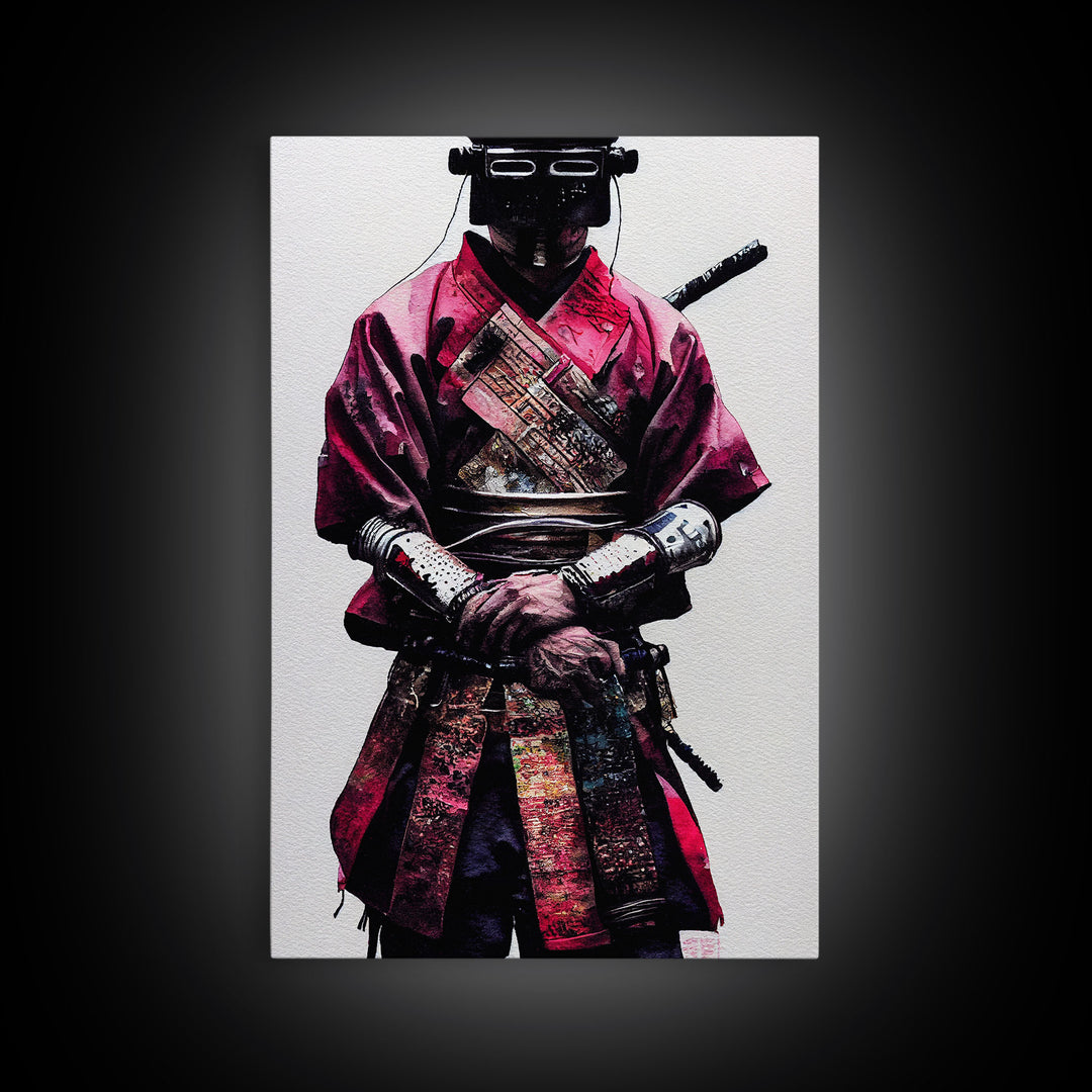 Portrait of a Cyberpunk Samurai with Cybernetic augments, Framed Canvas Print, Ready To Hang Framed Wall Art