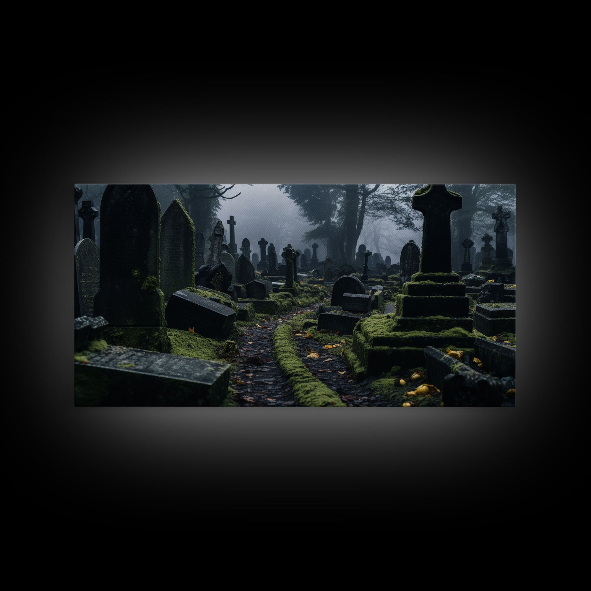 Moss Covered Cemetary, Haunted Graveyard Photography, Halloween Decor, Framed Canvas Print, Halloween Wall Art