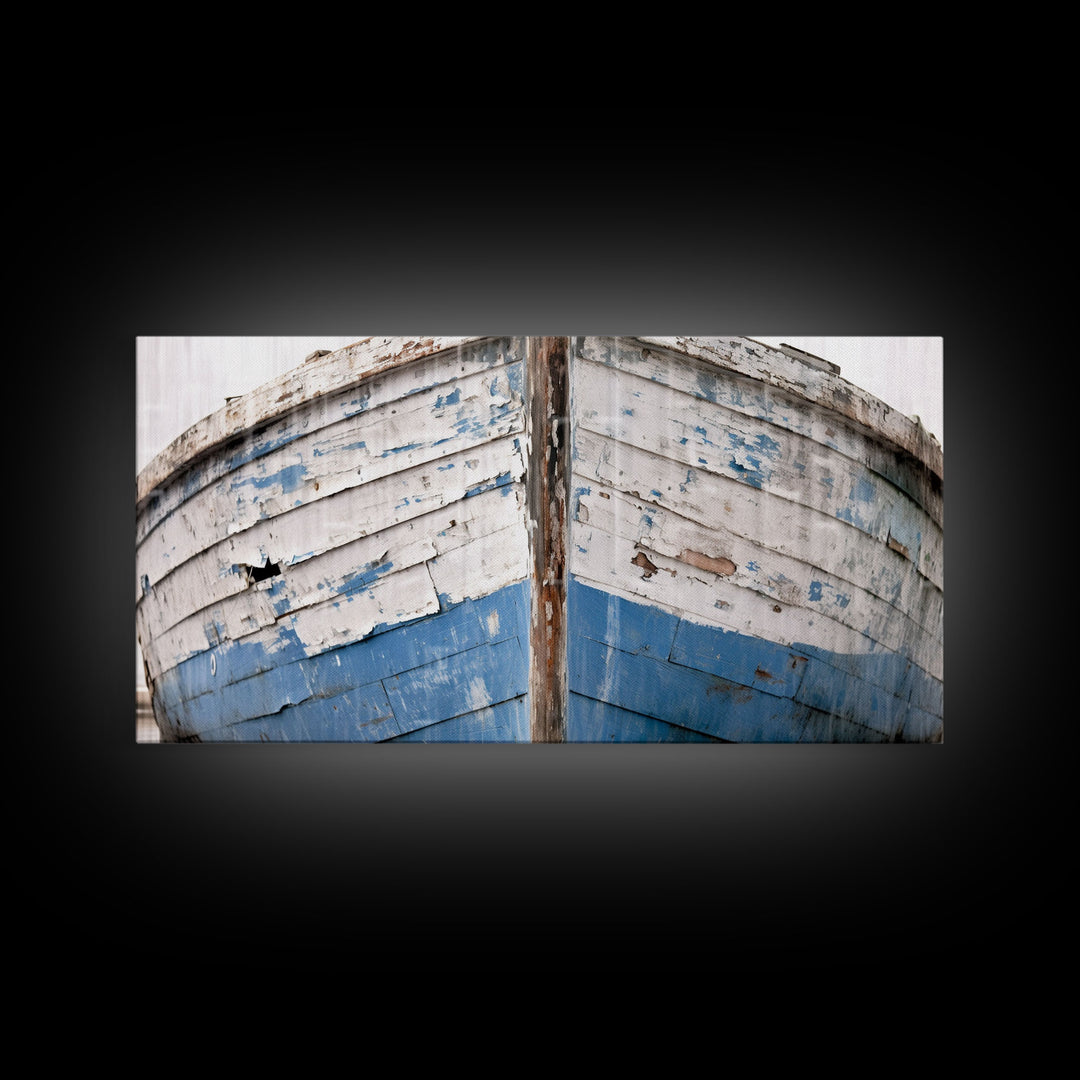 Photo Of An Old Wooden Boat With Peeling Paint, Framed Canvas Print, Nautical Wall Art, Lakehouse Decor