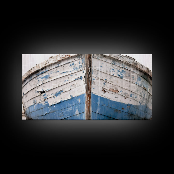 Photo Of An Old Wooden Boat With Peeling Paint, Framed Canvas Print, Nautical Wall Art, Lakehouse Decor