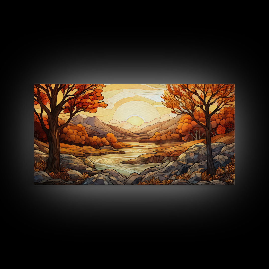 Fall Centerpiece Landscape Painting Canvas Print, Stained Glass Style Art, Stained Glass Wall Art, Autumn Decor, Rustic Fall Art, Fall Decor