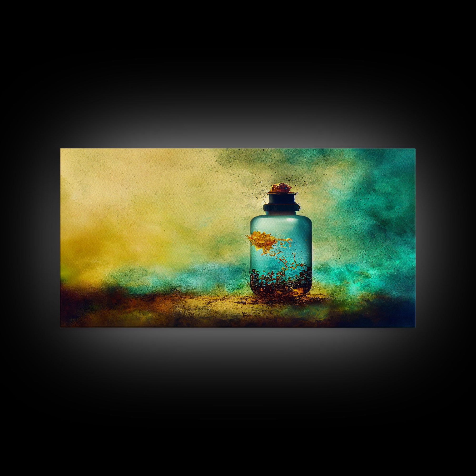 Mini world in a bottle, colorful miniature world art, framed canvas print, ready to hang framed wall art