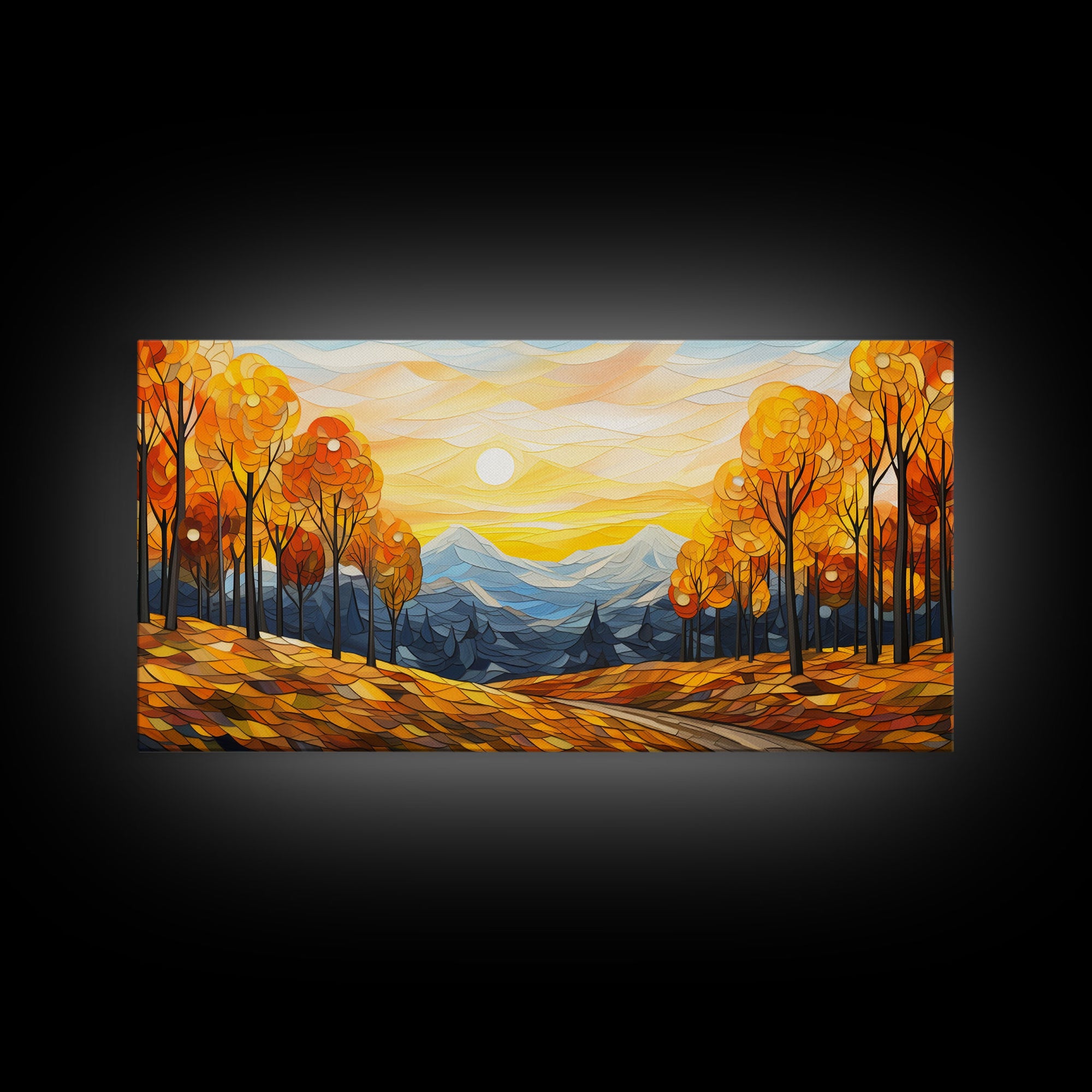 Fall Trees, Autumn Wall Art, Abstract Nature Painting, Sunset Art, College Dorm Decor, Camper Wall Decor, Canvas Wall Art, Panoramic Art