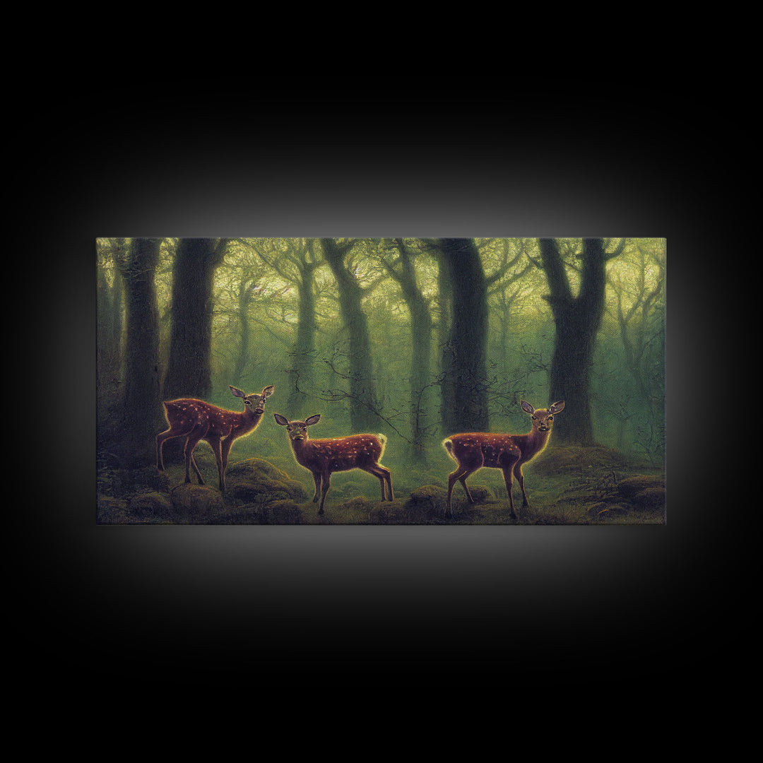 Does in a majestic forest, whitetail deer art, framed canvas print, ready to hang framed wall art