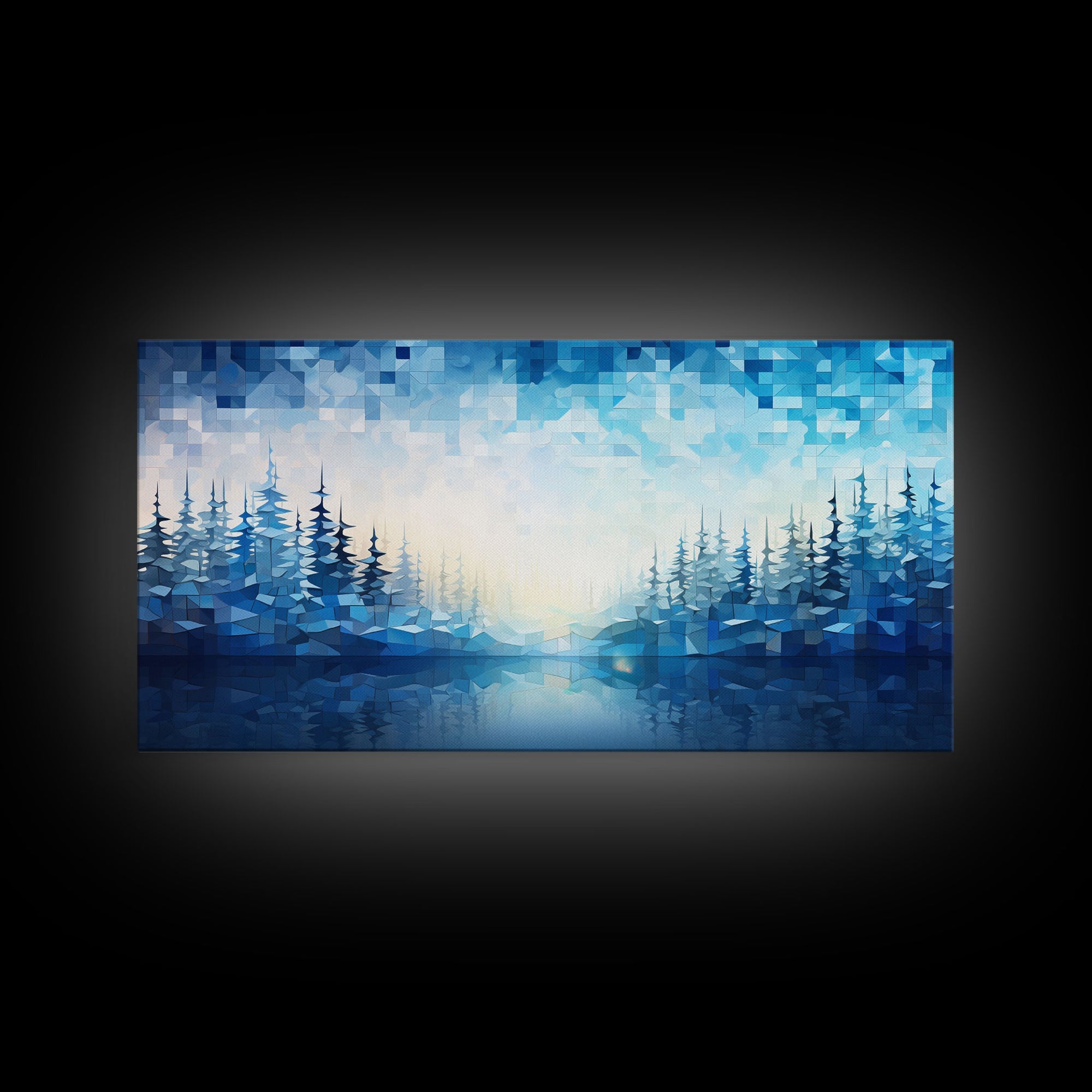 A Winter Scene, Framed Canvas Print, Mosaic Style Painting Print, Stained Glass Style Art, Above Mantle Art, Living Room Decor