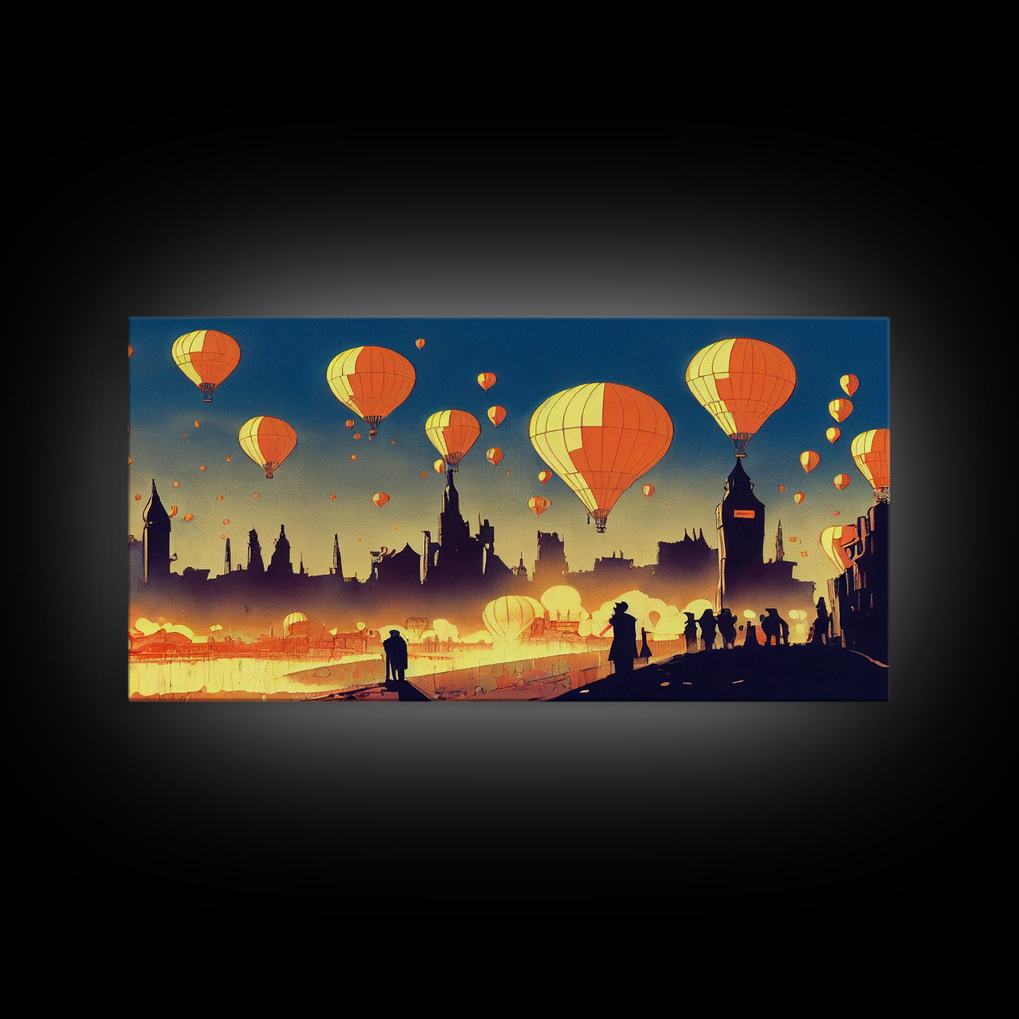 Flight of the balloons, hot air balloon armada, framed canvas print, ready to hang framed wall art