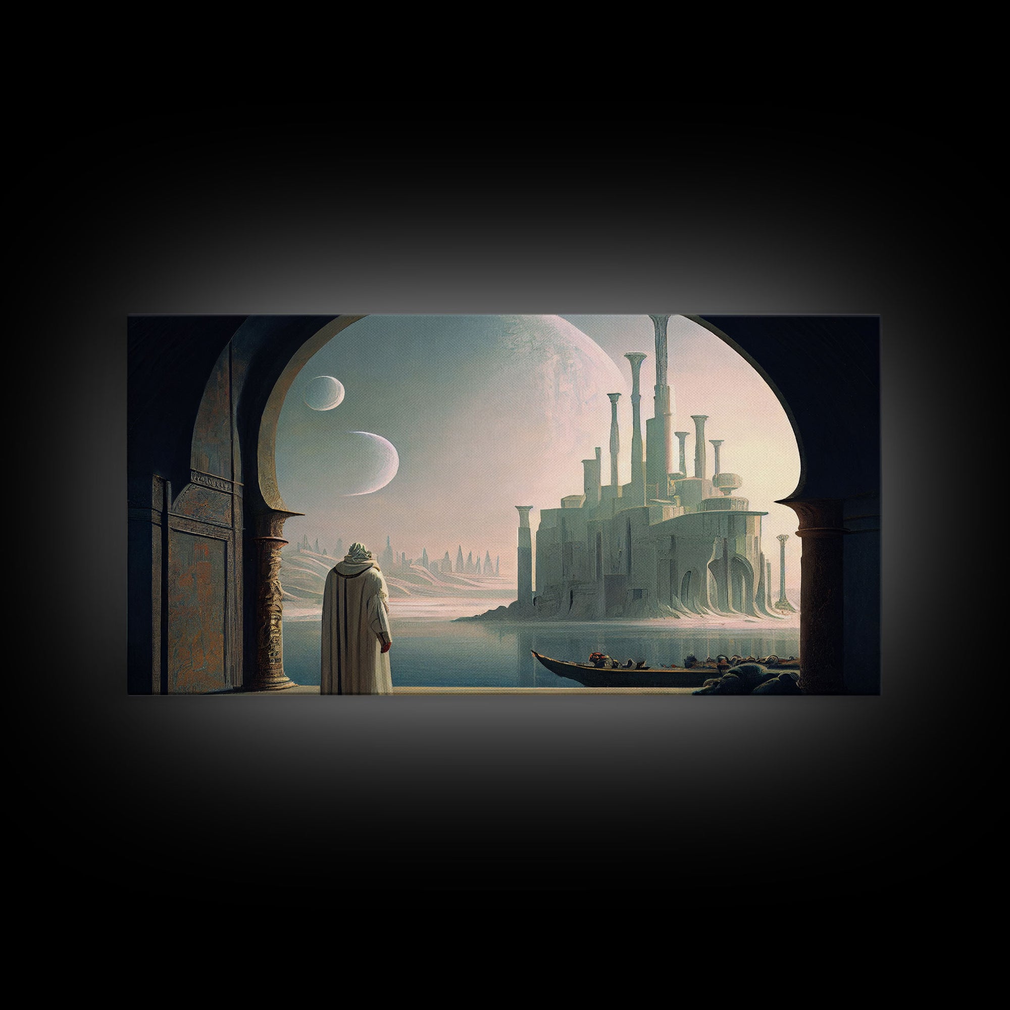 Two Moon Alien World, Dune Inspired Art, Framed Canvas Print, Scifi Art