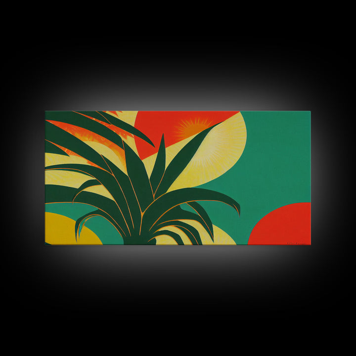 Midcentury Style Art Deco Palm Leaf, Framed Canvas Print, Framed Art, Wall Decor, Palm Tree, Tropical Art, green and gold art